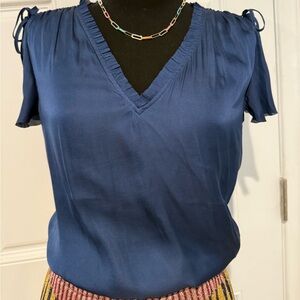 Banana Republic Blue V-Neck Silk Blouse with Ruffle Trim